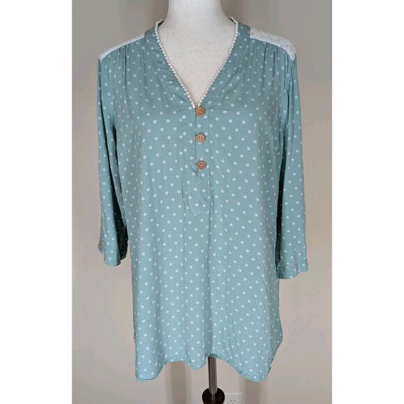 Matilda Jane Womens Enticing Eyelet Top Size XL Green Polka Dot Lace Peasant - Picture 2 of 11